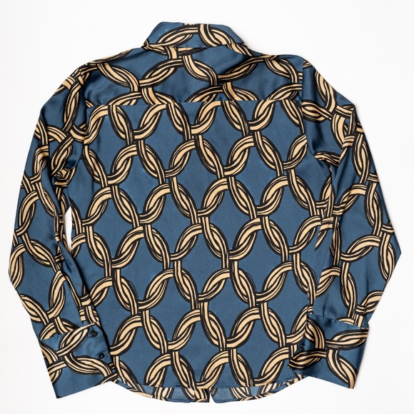 size S Mango Chain Geo Print Satin Shirt Blue - Picture 3 of 5